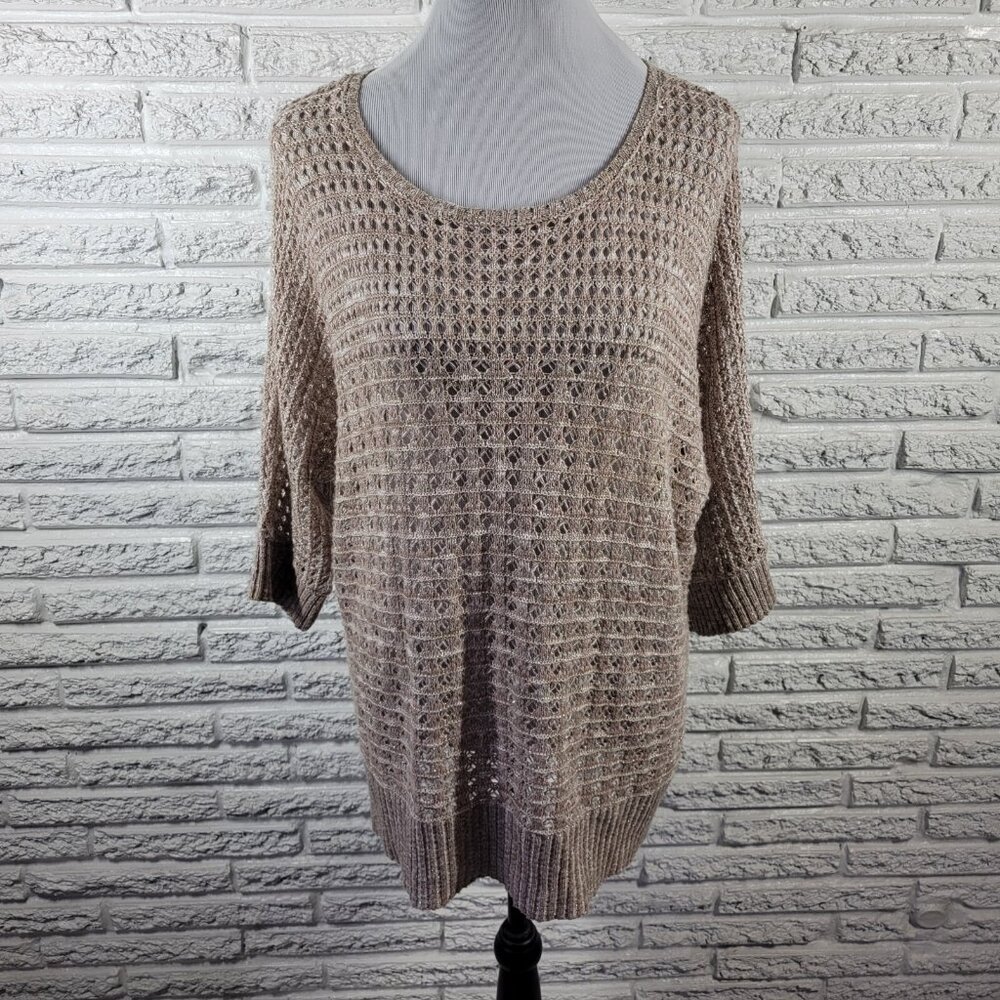 Ruby Rd Womens Sweater 2X Plus Open Knit Beige Gold Metallic Lightweight A21E